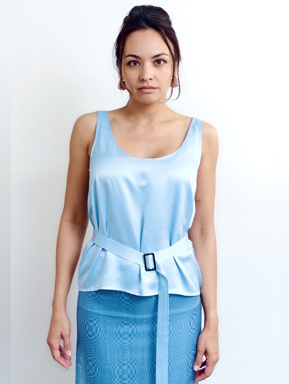 Regalo Sky Blue Silk Low Scoop Tank with Belt